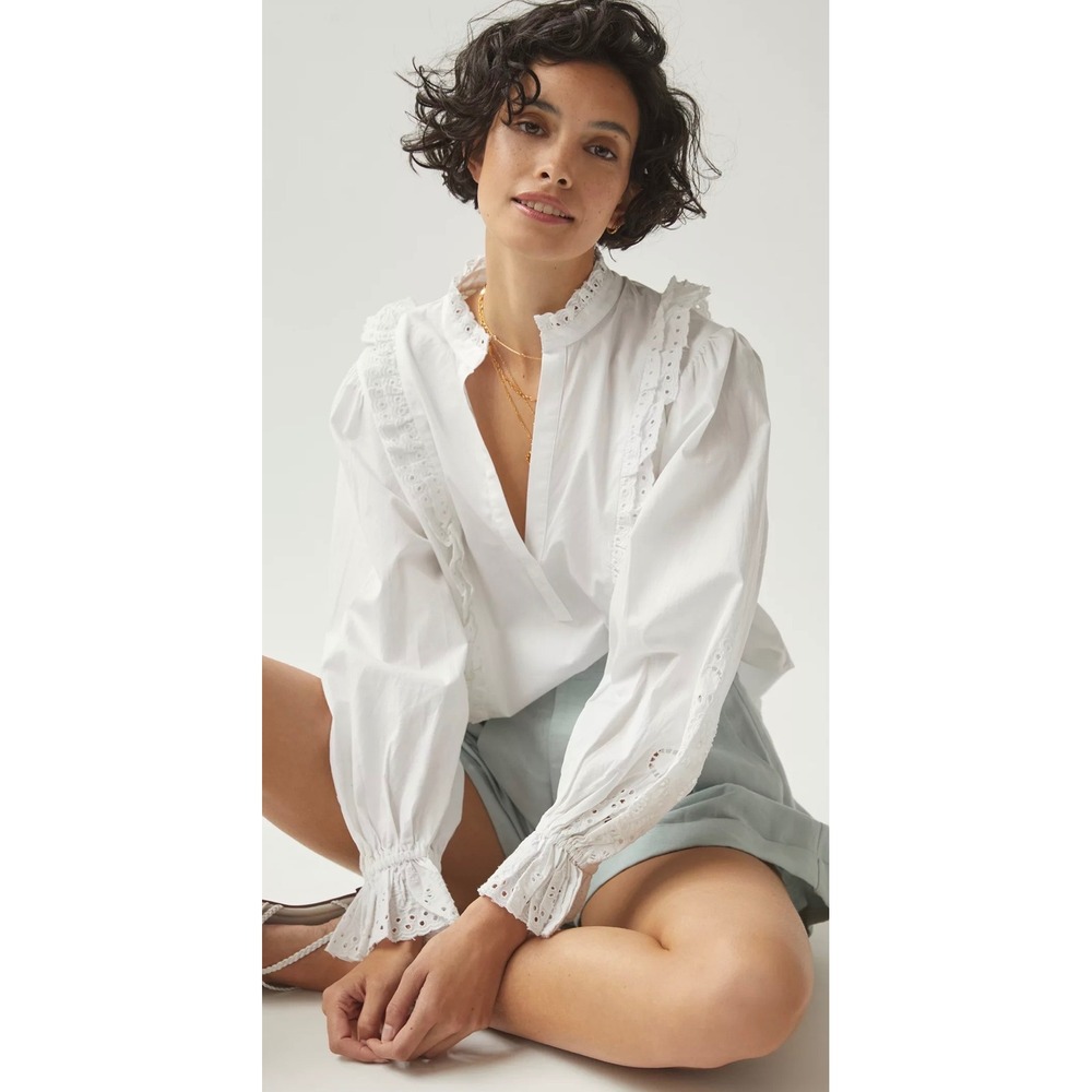 Maeve Anthropologie Womens Size M Eyelet Ruffle Blouse White Cottage Boho Chic